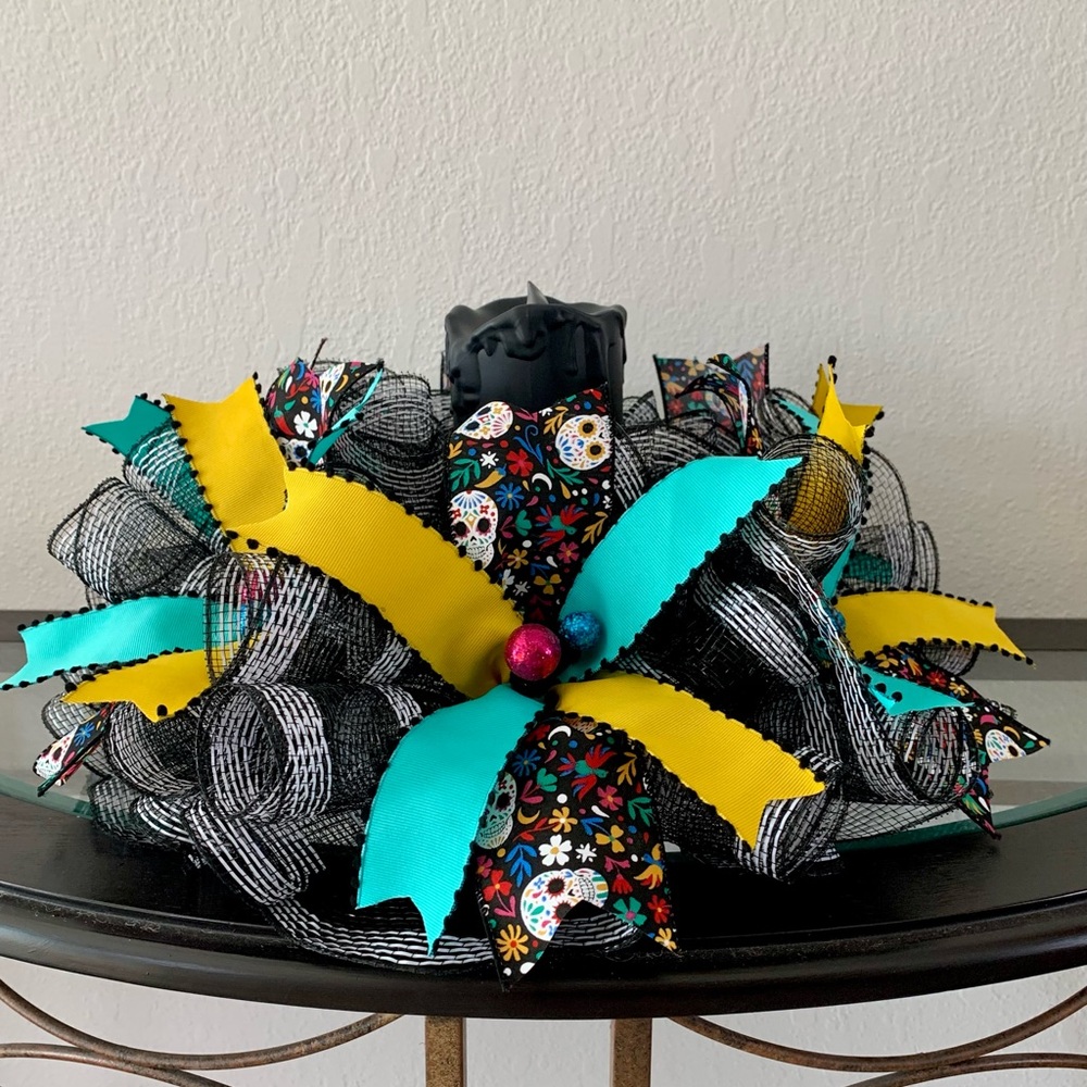 Deco mesh Day of the Dead centerpiece, candle ring, Halloween decor, table decor